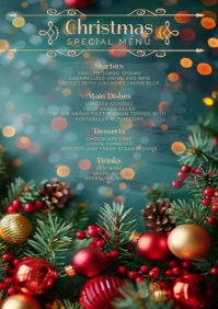 Christmas special menu card with red ornaments A5 template
