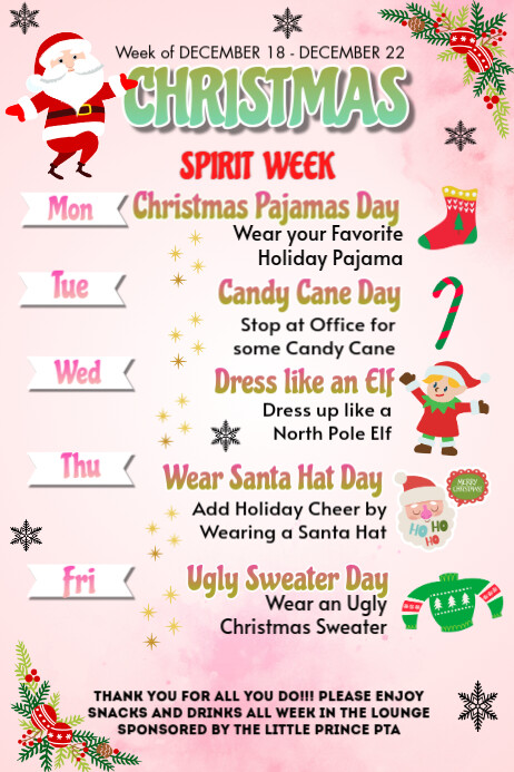 Christmas Spirit Week Itinerary Plakkaat template