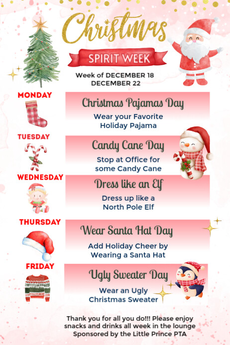 Christmas Spirit Week Itinerary Template | PosterMyWall