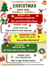 Christmas Spirit Week School Flyer Template – Festive Pajama Elf Candy Cane Santa Hat Ugly Sweater T A4