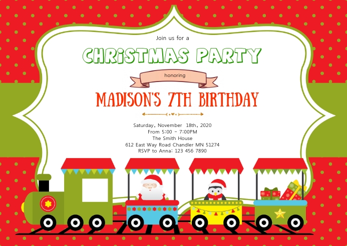 Christmas train birthday party invitation A6 template