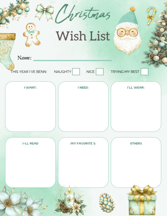 Christmas Wish List, Christmas List Template, Secret Santa Wish List Template, Christmas Gift List T Flyer (US Letter)