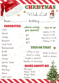 Christmas Wish List, Christmas Wish List Printable A6 template