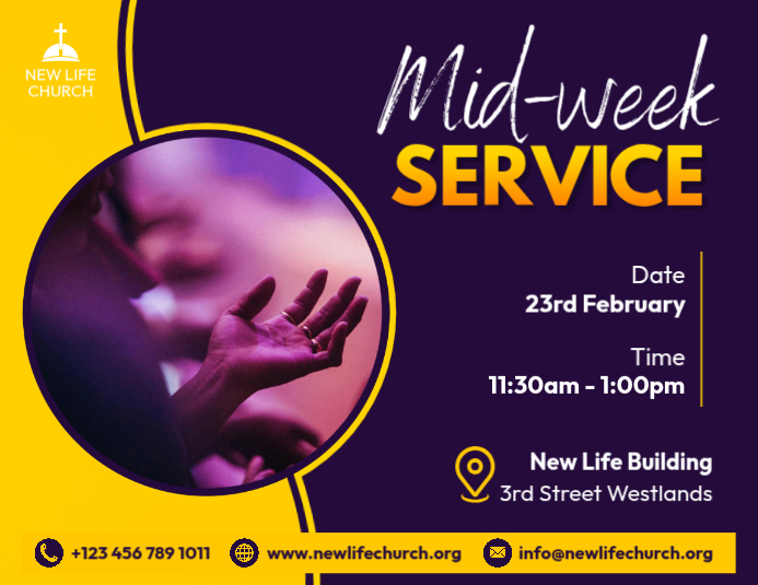 Church mid week Service purple yellow poster Template | PosterMyWall