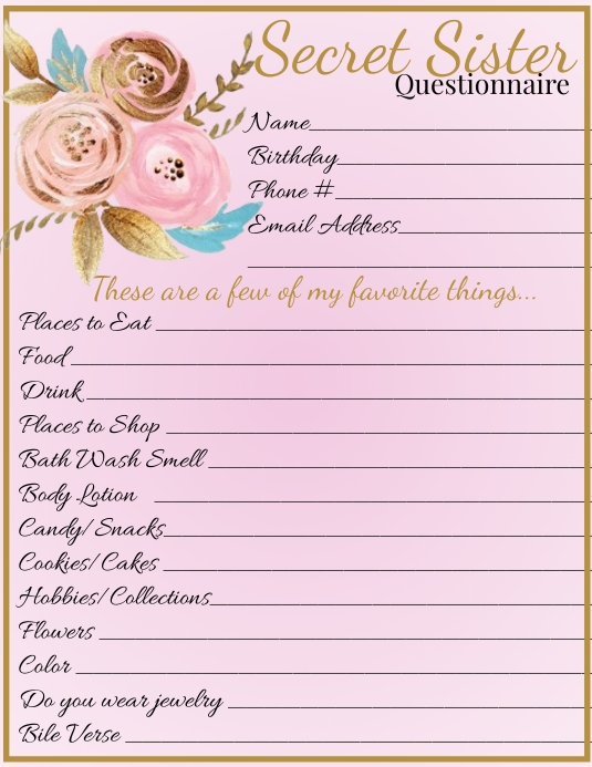 Church Secret Sister Questionnaire Pamflet (Letter AS) template