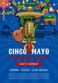 สีน้ำเงิน cinco de mayo karaoke night poster with funny cactus and gold mic A5 Template