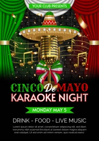 cinco de mayo karaoke night poster with golden mic with sombrero and gold notes A4 template