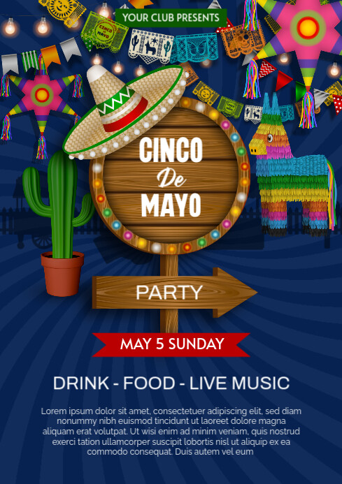 cinco de mayo party poster with wooden singboard with sombrero and pinatas A4 template