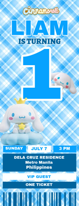 CINNAMOROLL Themed Birthday VIP Ticket Invitation Door Hanger template