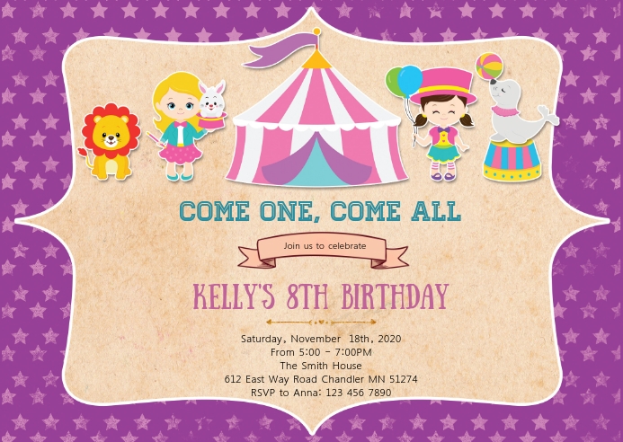 Circus birthday party invitation A6 template