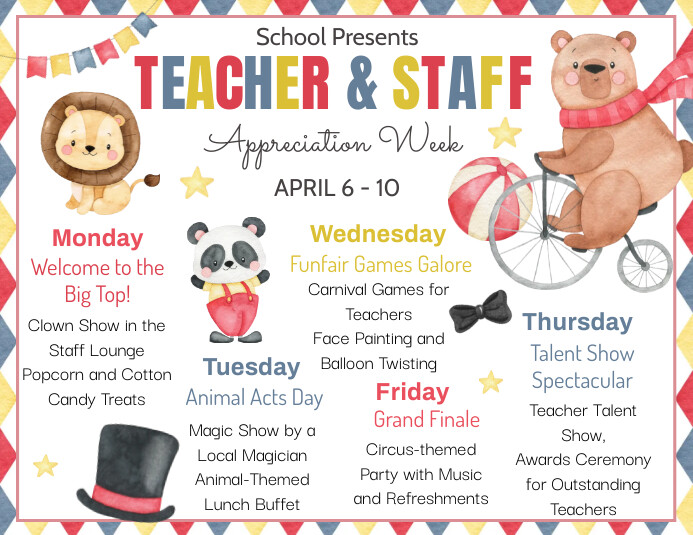 Circus Teacher appreciation calendar, Løbeseddel (US Letter) template