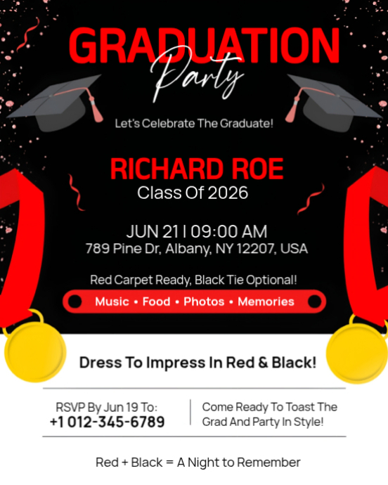 Class of 2026 Red and Black Graduation Party Invitation - Red Carpet Gala  Style Template | PosterMyWall