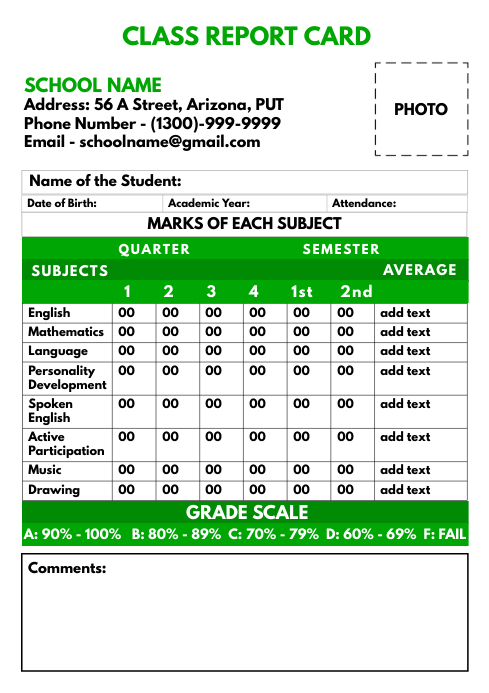Copy of Class Report Card Printable Template | PosterMyWall