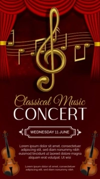 classical musica concert poster witj animated gold notes and red curtain Digital Display (9:16) template