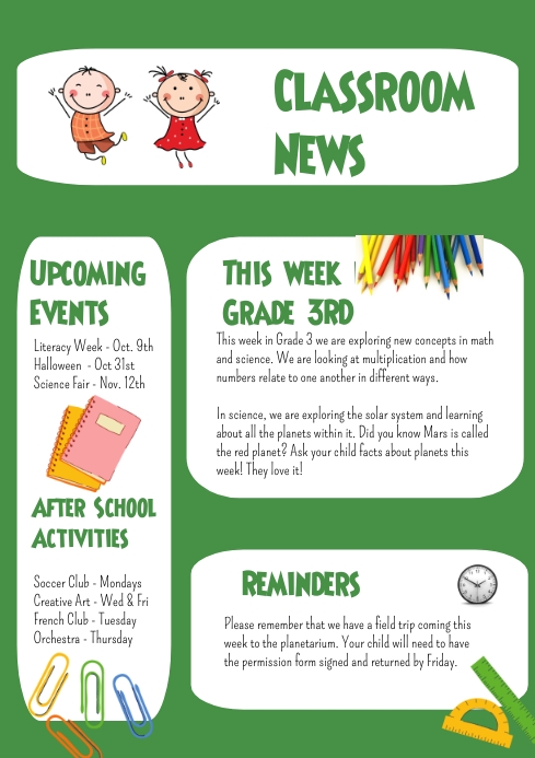 Classroom newsletter, school newsletter A4 template