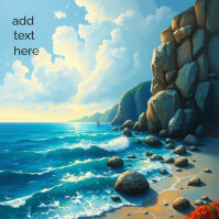 Coastal Serenity: Sunlit Ocean View with Rocky Shoreline and Sailboat Instagram-bericht template