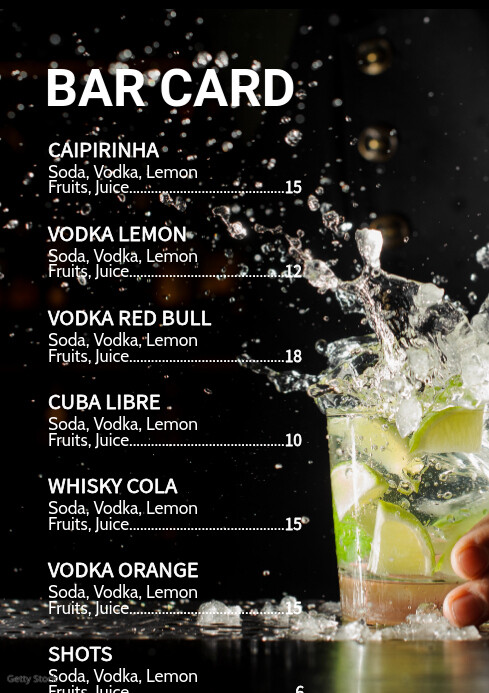Pub Menu Card Cocktail Bar Card Drinks Party Bar Club Menu Template | PosterMyWall