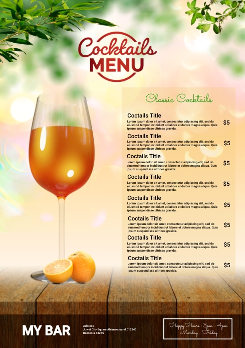 Cocktails Menu Flyer Template A4