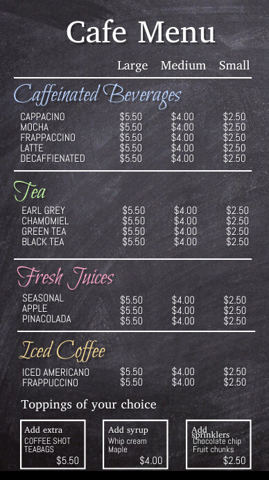 Coffee menu, menu, cafe menu Digital Display (9:16) template