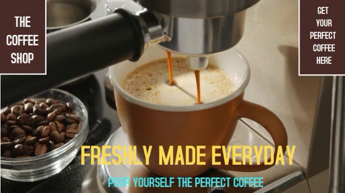 Coffee pouring from a machine in 4K display for coffee shop 演示(16:9) template