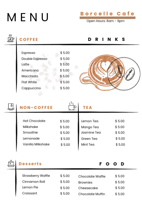 Coffee Shop & Cafe Menu A4 template