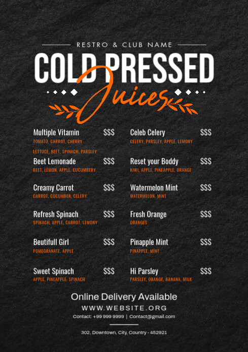 Cold Pressed Juices Menu Card Template A4