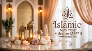 Collage Elegant Happy Islamic New Year Greetings With Beautiful Flowers And And Lanterns Muharram 1 Tampilan Digital (16:9) template