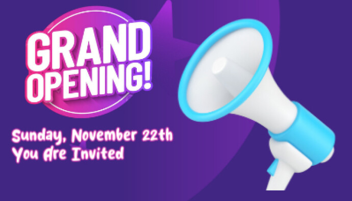 Collage Purple Minimalist Opening Announcement Facebook Ad Business Card Tarjeta de Presentación template