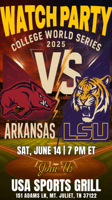 College World Series 2025: Arkansas vs LSU Watch Party Instagram Post ...