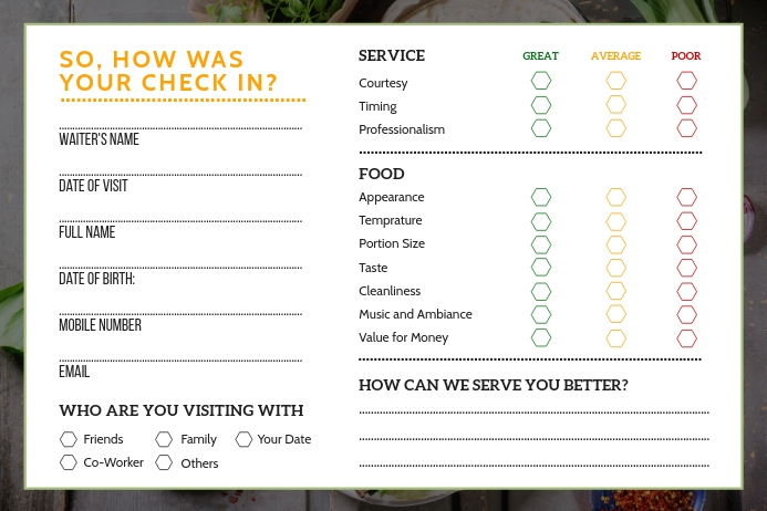 Colored Restaurant Comment Card Template | PosterMyWall