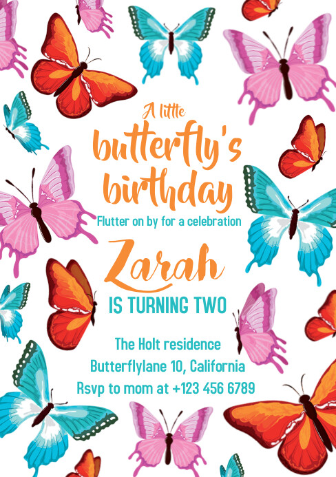 Colorful butterfly children's birthday invite A5 template