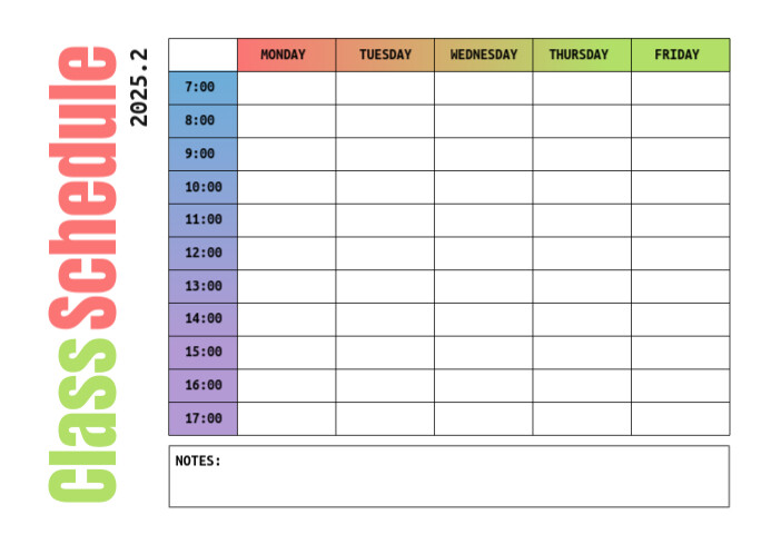 Colorful Class Schedule Template – Weekly School Timetable Layout 2025.2 A4
