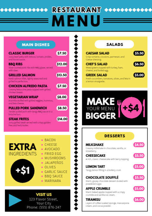 Colorful Fast Food Restaurant Menu Template A4 | PosterMyWall