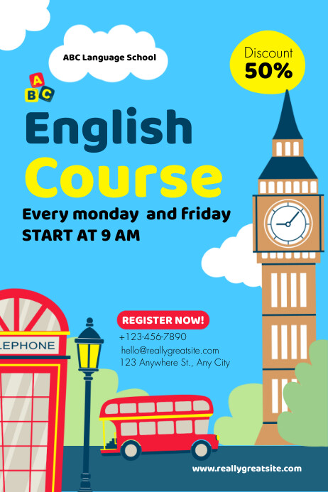 Colorful Illustrated English Course Poster Templat | PosterMyWall