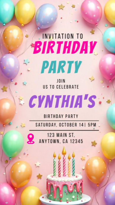Colorful Joyful Kids Birthday Party Invitation Template With Balloons ...