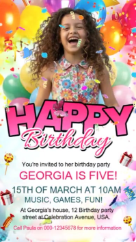 Colorful Kids Birthday Invitation Template online video Fun Balloon Party Flyer for Birthday Digital Display (9:16)
