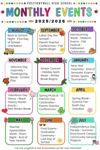 Colorful Monthly School Events Calendar Template 2025-2026 | High School & Classroom Planner Poster