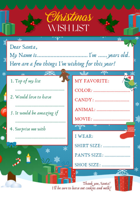 Colorful Printable Editable Christmas Wish Gift List Template Design A4