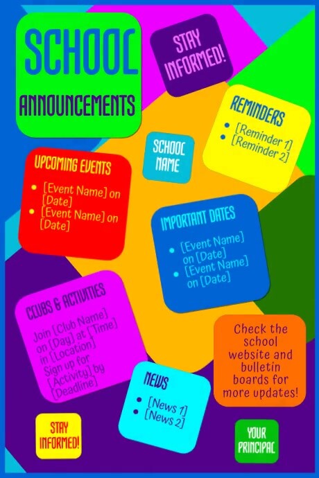 Colorful School Announcements Poster Flyer Te Template | PosterMyWall