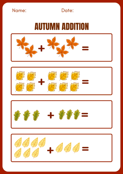 Colourful Autumn Addition Worksheet Template | PosterMyWall