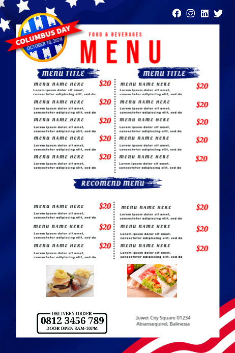 Columbus Day Menu Poster template