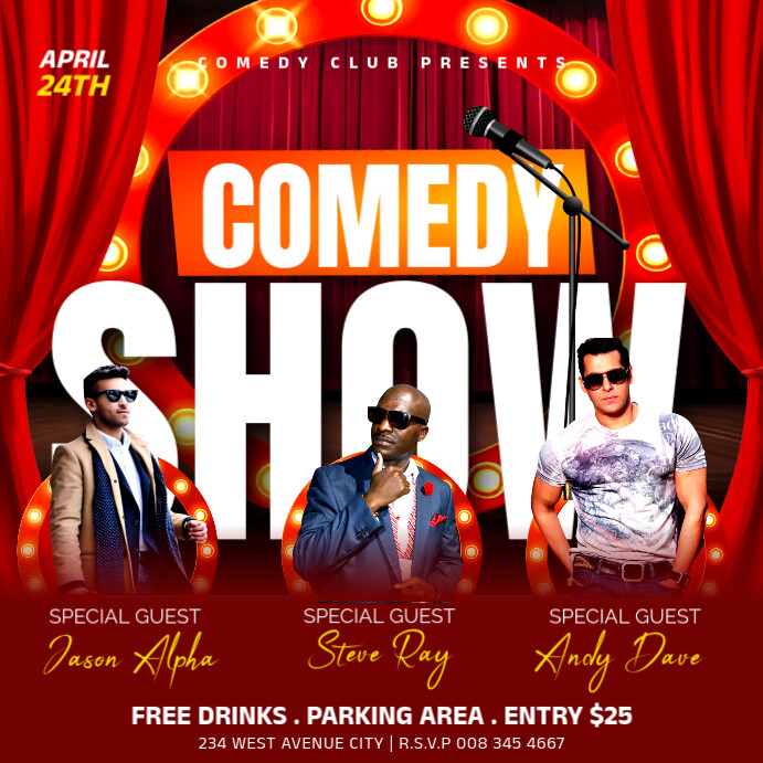 Comedy Invite Comedy night show comedians performing invitation flyer template ...