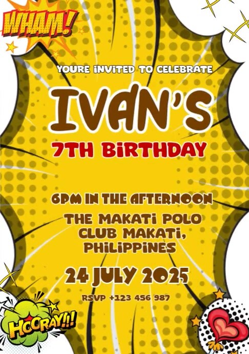 Comic Book Style 7th Birthday Invite A4 template
