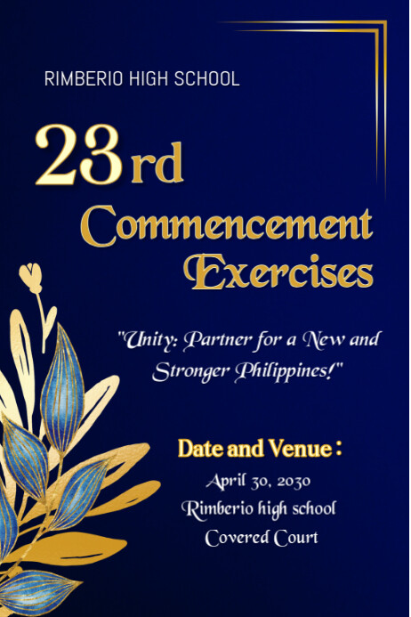 Commencement Exercises Program in Blue and Gold Leaf and Flowers Elegant Background Style Poster template