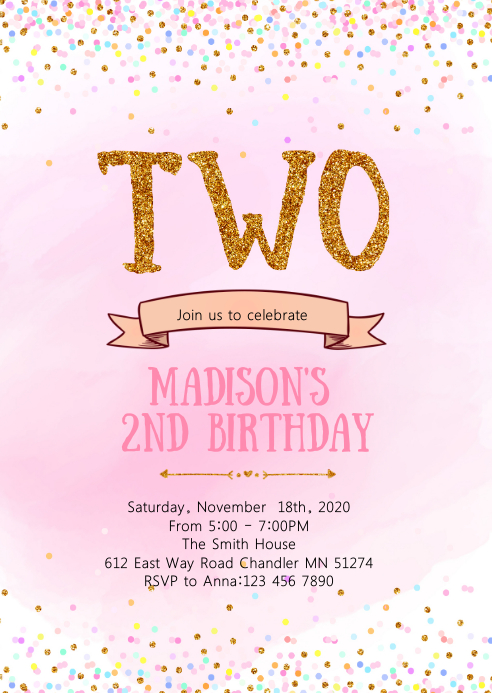 Confetti Second Birthday Invitation Template Postermywall