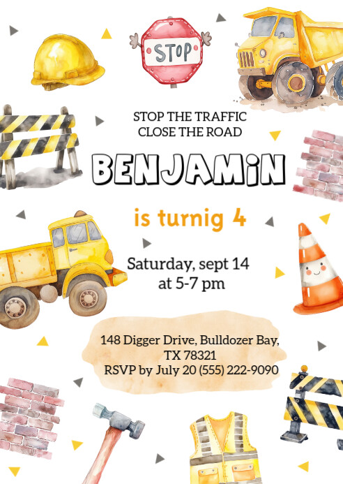 Construction Invitation,Construction Birthday Invitations, Dump Truck Party Invite A6 template
