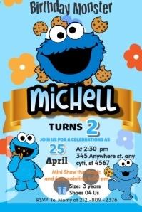 Cookie Monster invitation happy Brithday party temple flayer editablet celebration kids Disney Póster template