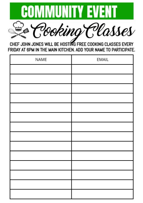 Cooking Classes Sign Up List Template | PosterMyWall