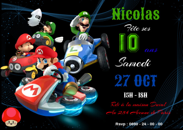 Invitation anniversaire Mario kart A6 template