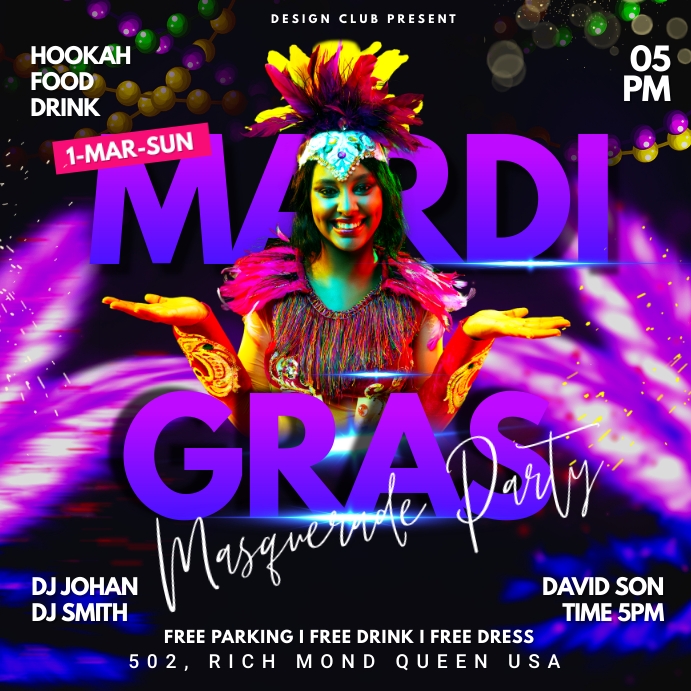 Mardi Gras party Flyer Carré (1:1) template